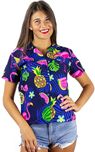 King Funky Hawaiibluse Hawaiihemd, Kurzarm, Flamingos Melonen,XXL - Brustbreite: 70 cm | Länge 79 cm,Navyblau von King Kameha