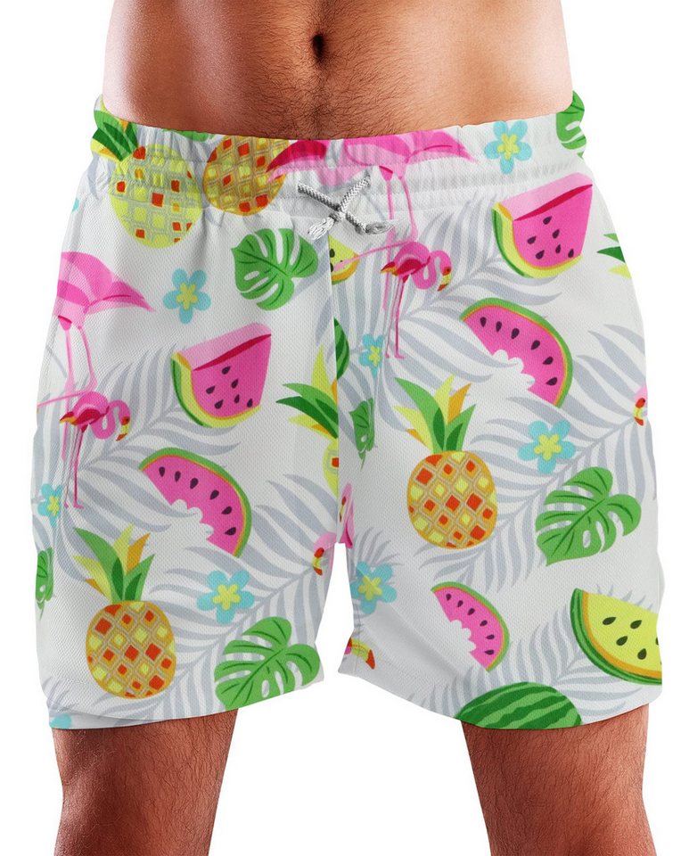 King Kameha Badeshorts Flamingo Melone Hawaii Bade-Shorts Mesh-Einsatz Verschluss Kordelzug Mit integriertem Mesh-Innenslip für extra Komfort von King Kameha