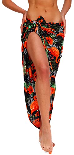 King Kameha Funky Hawaii Cover-up Pareo Sarong, Flamingo Flowers, Schwarz Orange, Gross von King Kameha