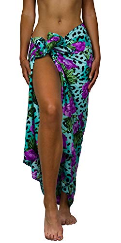 King Kameha Funky Hawaii Cover-up Pareo Sarong, Leopard Flowers, Türkis, Gross von King Kameha