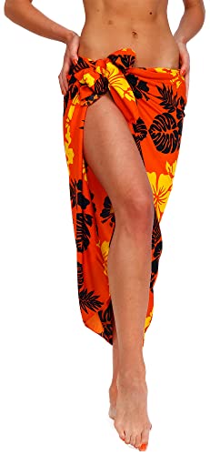 King Kameha Funky Hawaii Cover-up Pareo Sarong, Mono Hibiscus, Orange Schwarz, Gross von King Kameha