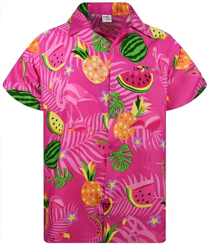 King Kameha Funky Hawaii-Hemd, Herren, Kurz-Arm, JK-Flamingo-Melon-Print, Pink, XS von King Kameha