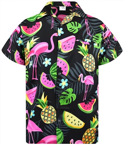 King Kameha Funky Hawaii-Hemd, Herren, Kurz-Arm, JK-Flamingo-Melon-Print, Schwarz, M von King Kameha