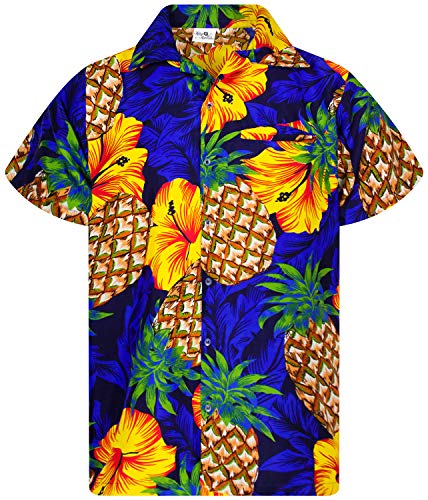 King Kameha Funky Hawaii-Hemd, Herren, Kurzarm, Pineapple-Hibiscus, Blau, XS von King Kameha