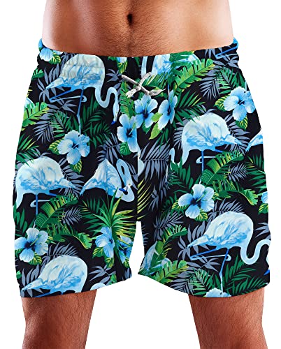 King Kameha Funky Hawaii Schwimm-Hose Bade-Hose Bade-Shorts, Flamingo Flowers, Schwarz Blau, S von King Kameha