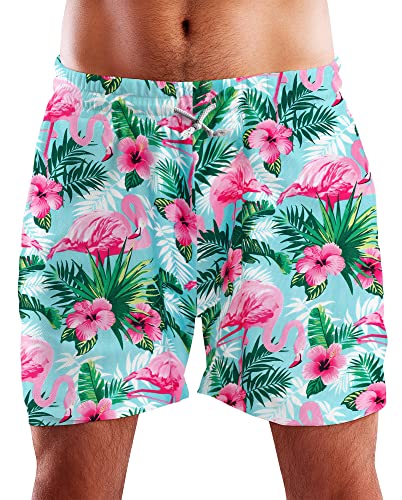 King Kameha Funky Hawaii Schwimm-Hose Bade-Hose Bade-Shorts, Flamingo Flowers, Türkis Pink, L von King Kameha