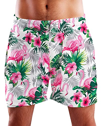 King Kameha Funky Hawaii Schwimm-Hose Bade-Hose Bade-Shorts, Flamingo Flowers, Weiß Pink, XL von King Kameha