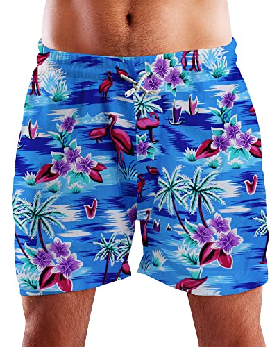 King Kameha Funky Hawaii Schwimm-Hose Bade-Hose Bade-Shorts, Flamingos, Blau, S von King Kameha