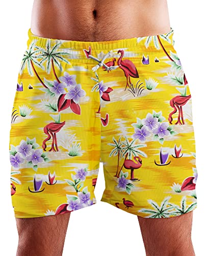 King Kameha Funky Hawaii Schwimm-Hose Bade-Hose Bade-Shorts, Flamingos, Gelb, 3XL von King Kameha