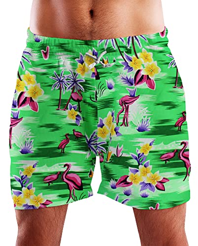 King Kameha Funky Hawaii Schwimm-Hose Bade-Hose Bade-Shorts, Flamingos, Grellgrün, S von King Kameha