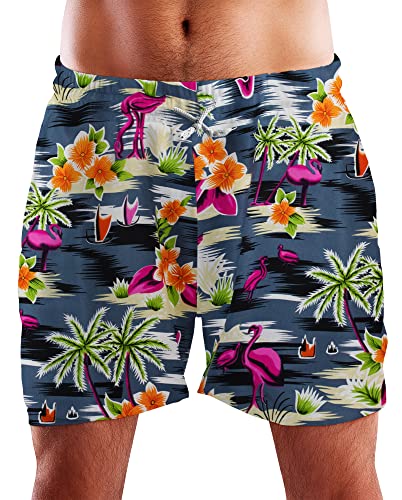 King Kameha Funky Hawaii Schwimm-Hose Bade-Hose Bade-Shorts, Flamingos, Schwarz, S von King Kameha