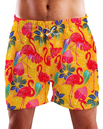 King Kameha Funky Hawaii Schwimm-Hose Bade-Hose Bade-Shorts, Funky Flamingos, Gelb, M von King Kameha