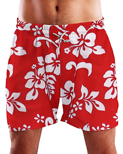 King Kameha Funky Hawaii Schwimm-Hose Bade-Hose Bade-Shorts, Hibiscus, Ferrarirot, 3XL von King Kameha