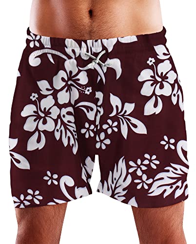 King Kameha Funky Hawaii Schwimm-Hose Bade-Hose Bade-Shorts, Hibiscus, Maroonrot, 3XL von King Kameha