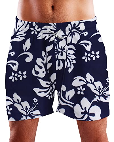 King Kameha Funky Hawaii Schwimm-Hose Bade-Hose Bade-Shorts, Hibiscus, Navyblau, 3XL von King Kameha