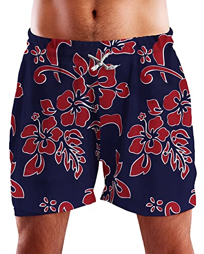 King Kameha Funky Hawaii Schwimm-Hose Bade-Hose Bade-Shorts, Hibiscus, Navyblau Rot, L von King Kameha
