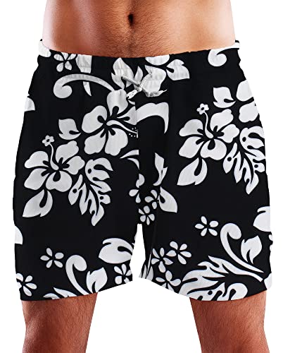 King Kameha Funky Hawaii Schwimm-Hose Bade-Hose Bade-Shorts, Hibiscus, Schwarz, 3XL von King Kameha