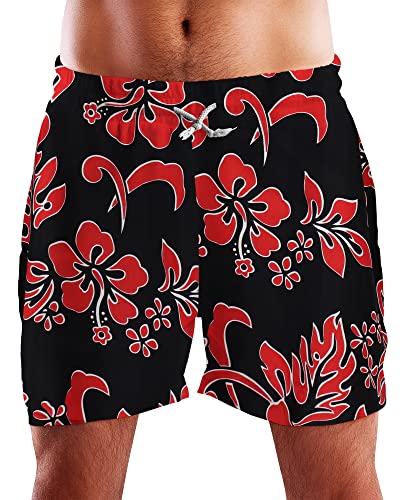 King Kameha Funky Hawaii Schwimm-Hose Bade-Hose Bade-Shorts, Hibiscus, Schwarz Rot, L von King Kameha