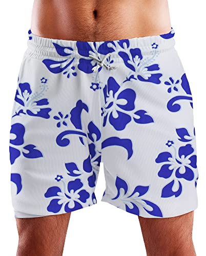 King Kameha Funky Hawaii Schwimm-Hose Bade-Hose Bade-Shorts, Hibiscus, Weiß Indigoblau, M von King Kameha