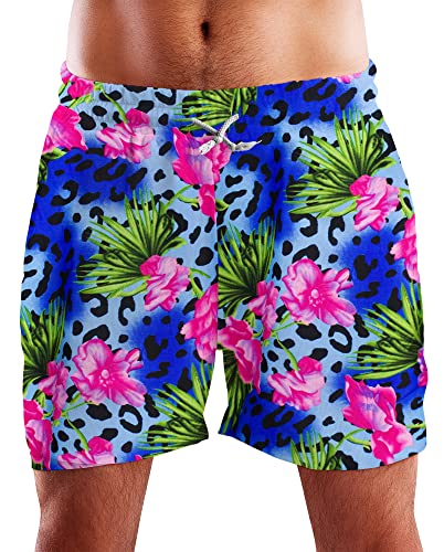 King Kameha Funky Hawaii Schwimm-Hose Bade-Hose Bade-Shorts, Leopard Flowers, Blau, 3XL von King Kameha