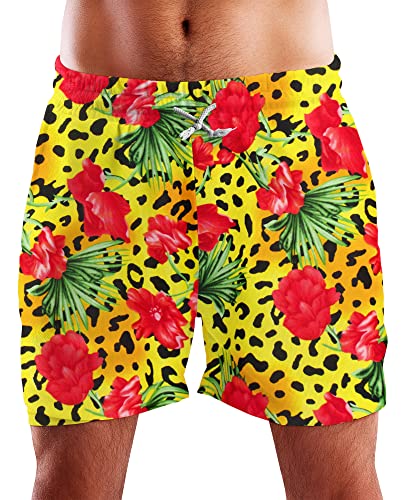 King Kameha Funky Hawaii Schwimm-Hose Bade-Hose Bade-Shorts, Leopard Flowers, Gelb, L von King Kameha