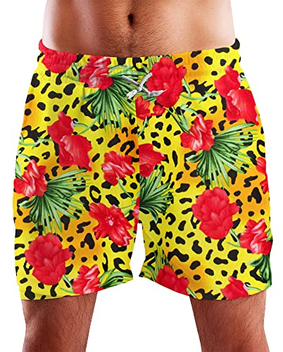 King Kameha Funky Hawaii Schwimm-Hose Bade-Hose Bade-Shorts, Leopard Flowers, Gelb, XL von King Kameha