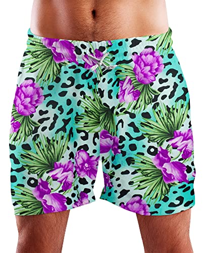 King Kameha Funky Hawaii Schwimm-Hose Bade-Hose Bade-Shorts, Leopard Flowers, Türkis, 3XL von King Kameha