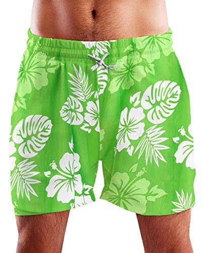 King Kameha Funky Hawaii Schwimm-Hose Bade-Hose Bade-Shorts, Mono Hibiscus, Grün Weiß, S von King Kameha