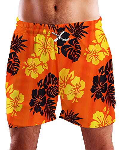 King Kameha Funky Hawaii Schwimm-Hose Bade-Hose Bade-Shorts, Mono Hibiscus, Orange Schwarz, XL von King Kameha