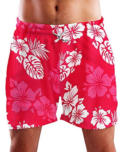 King Kameha Funky Hawaii Schwimm-Hose Bade-Hose Bade-Shorts, Mono Hibiscus, Pink Weiß, S von King Kameha