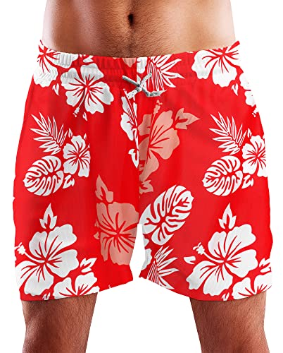 King Kameha Funky Hawaii Schwimm-Hose Bade-Hose Bade-Shorts, Mono Hibiscus, Rot Weiß, S von King Kameha