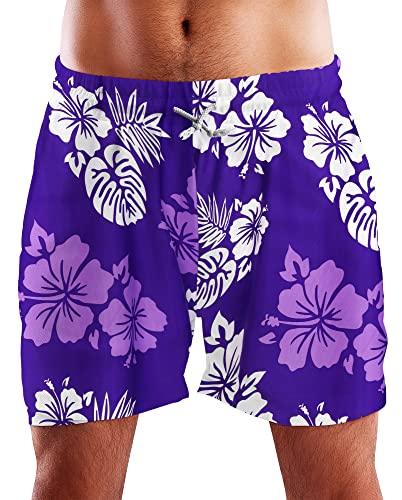 King Kameha Funky Hawaii Schwimm-Hose Bade-Hose Bade-Shorts, Mono Hibiscus, Violett Weiß, M von King Kameha