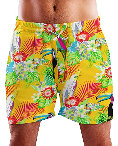 King Kameha Funky Hawaii Schwimm-Hose Bade-Hose Bade-Shorts, Parrot Cockatoo, Gelb, XXL von King Kameha