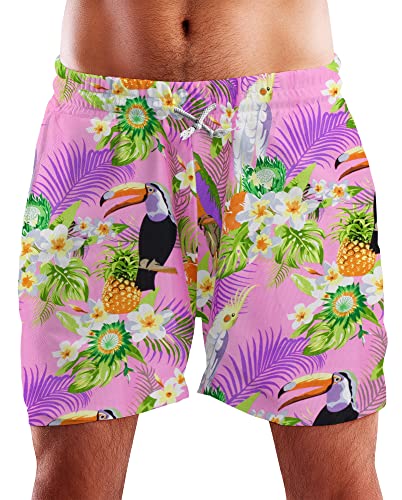 King Kameha Funky Hawaii Schwimm-Hose Bade-Hose Bade-Shorts, Parrot Cockatoo, Hellrosa, XL von King Kameha