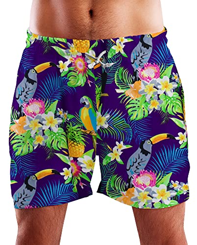 King Kameha Funky Hawaii Schwimm-Hose Bade-Hose Bade-Shorts, Parrot Cockatoo, Violett, XL von King Kameha