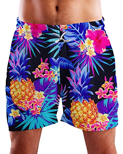 King Kameha Funky Hawaii Schwimm-Hose Bade-Hose Bade-Shorts, Pineapple, Schwarz Blau, S von King Kameha