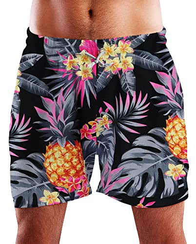 King Kameha Funky Hawaii Schwimm-Hose Bade-Hose Bade-Shorts, Pineapple, Schwarz Grau, 3XL von King Kameha