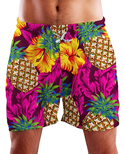 King Kameha Funky Hawaii Schwimm-Hose Bade-Hose Bade-Shorts, Pineapple Hibiscus, Pink, L von King Kameha