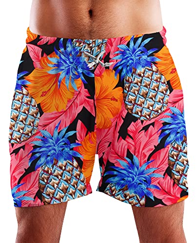 King Kameha Funky Hawaii Schwimm-Hose Bade-Hose Bade-Shorts, Pineapple Hibiscus, Schwarz Rot, 3XL von King Kameha