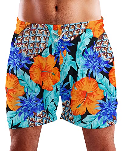 King Kameha Funky Hawaii Schwimm-Hose Bade-Hose Bade-Shorts, Pineapple Hibiscus, Schwarz Türkis, XL von King Kameha