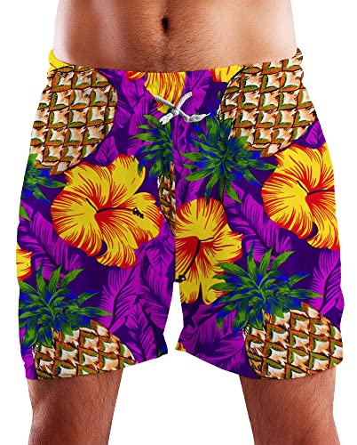 King Kameha Funky Hawaii Schwimm-Hose Bade-Hose Bade-Shorts, Pineapple Hibiscus, Violett, 3XL von King Kameha