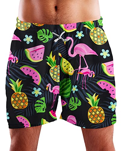 King Kameha Funky Hawaii Schwimm-Hose Bade-Hose Bade-Shorts, Flamingo Melon, Schwarz, XL von King Kameha