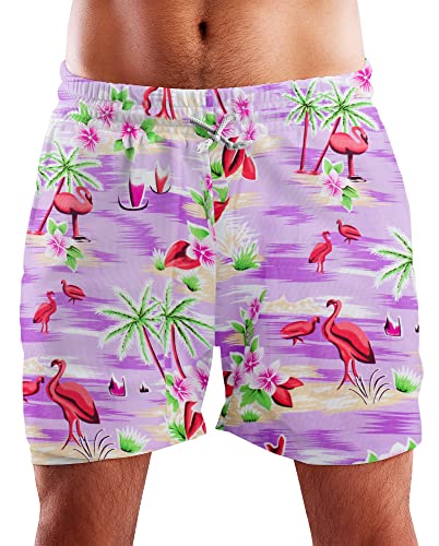 King Kameha Funky Hawaii Schwimm-Hose Bade-Hose Bade-Shorts, Flamingos, Violett, XL von King Kameha