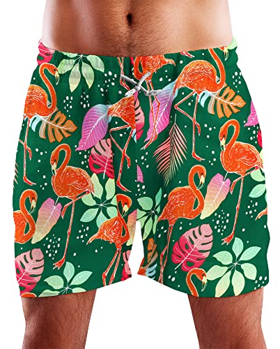 King Kameha Funky Hawaii Schwimm-Hose Bade-Hose Bade-Shorts, Funky Flamingos, Dunkelgrün, L von King Kameha