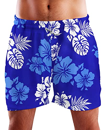 King Kameha Funky Hawaii Schwimm-Hose Bade-Hose Bade-Shorts, Mono Hibiscus, Blau Weiß, M von King Kameha