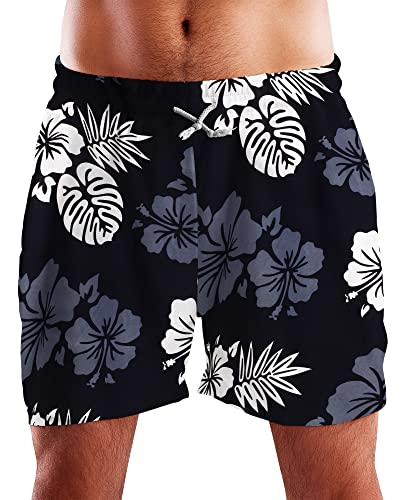 King Kameha Funky Hawaii Schwimm-Hose Bade-Hose Bade-Shorts, Mono Hibiscus, Schwarz Weiß, M von King Kameha