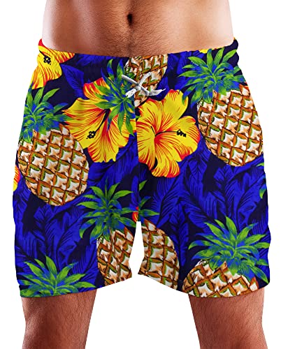 King Kameha Funky Hawaii Schwimm-Hose Bade-Hose Bade-Shorts, Pineapple Hibiscus, Blau, XL von King Kameha