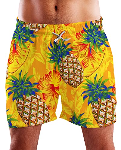 King Kameha Funky Hawaii Schwimm-Hose Bade-Hose Bade-Shorts, Pineapple Hibiscus, Gelb, XL von King Kameha