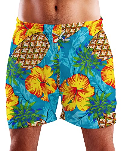 King Kameha Funky Hawaii Schwimm-Hose Bade-Hose Bade-Shorts, Pineapple Hibiscus, Türkis, L von King Kameha