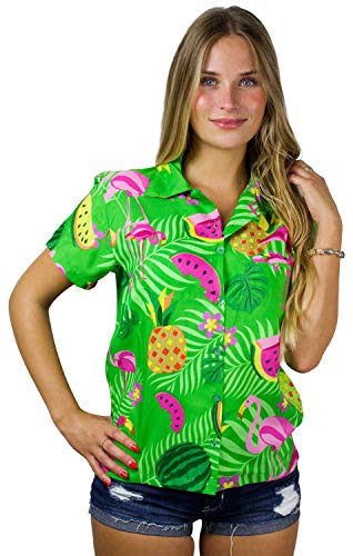 King Kameha Funky Hawaiibluse, Hawaiihemd, Kurzarm, Flamingo Melon, Grün, XXL von King Kameha
